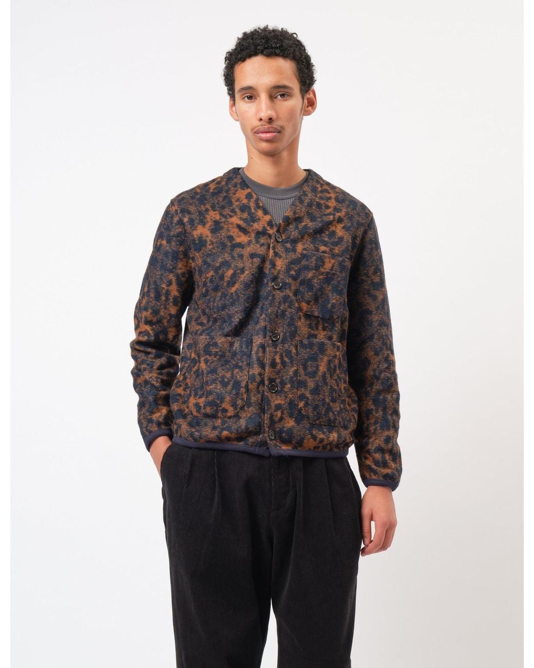 Universal Works Gray Cardigan (Night Leopard) for men