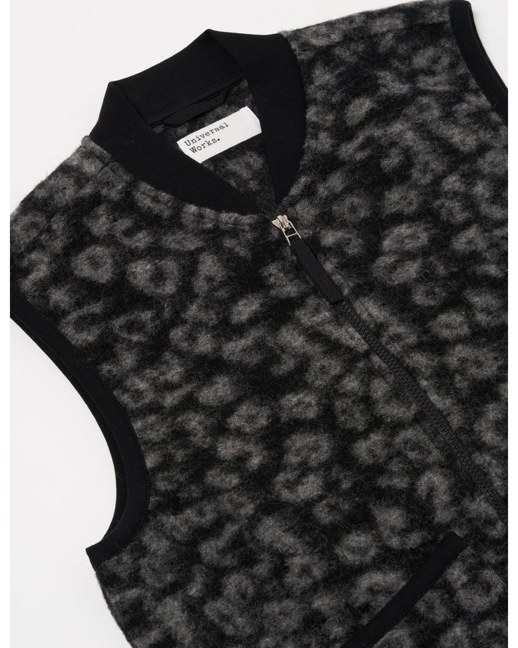 Universal Works Black Zip Fleece Waistcoat (Leopard) for men