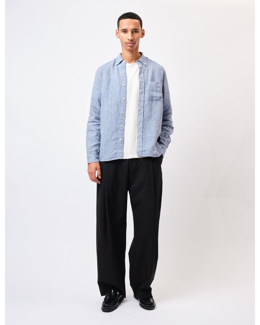 Beams Plus Blue Button Down 1/40 Linen Chambray Shirt for men
