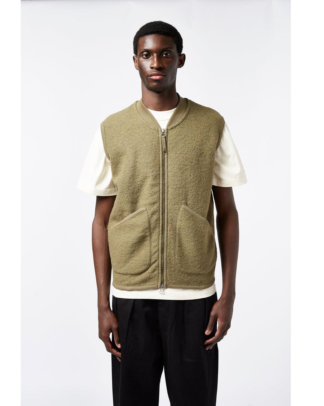 Universal Works Green Zip Waistcoat (Wool) for men