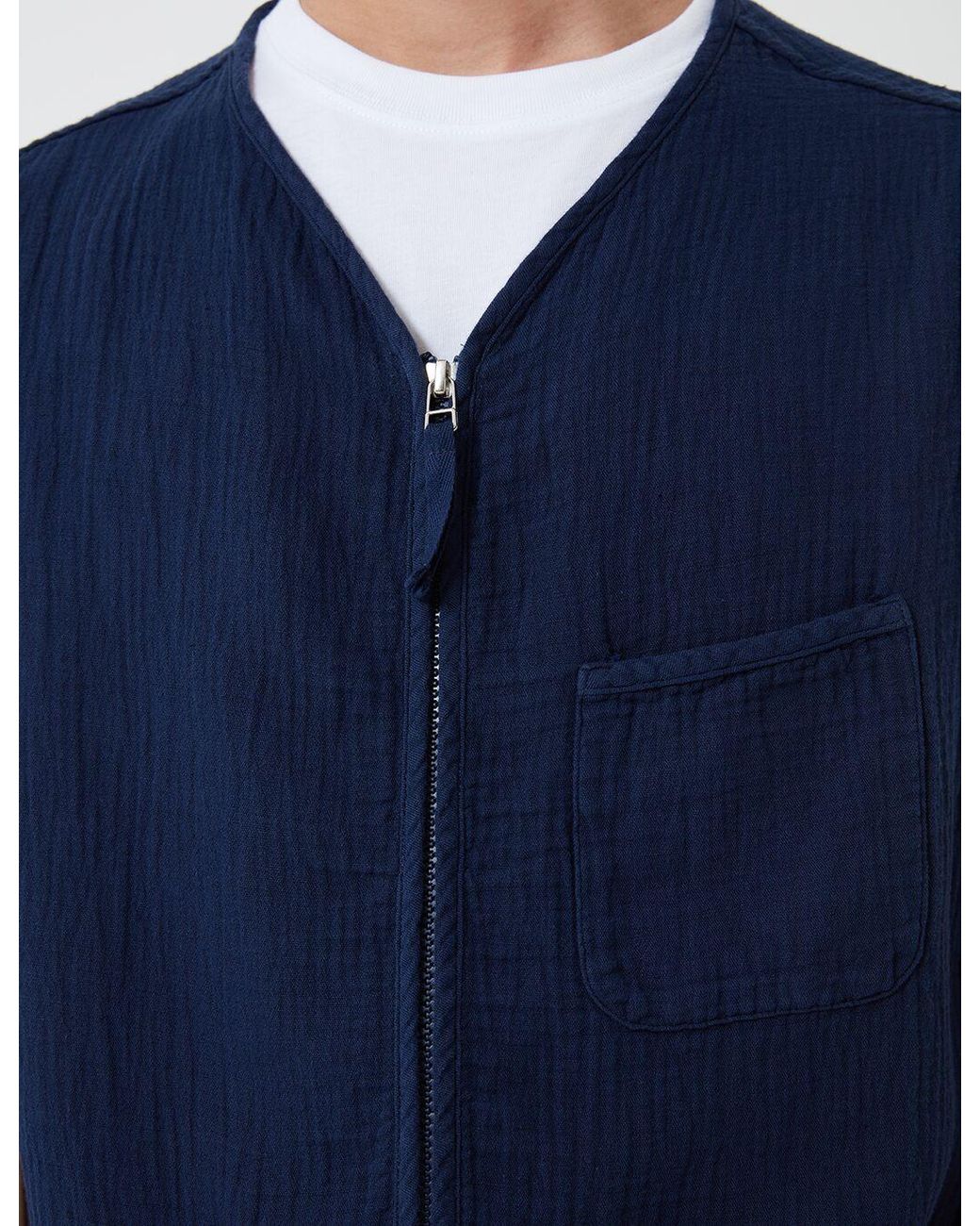 Universal Works Blue Zip Chore Waistcoat (Dual Lincot) for men