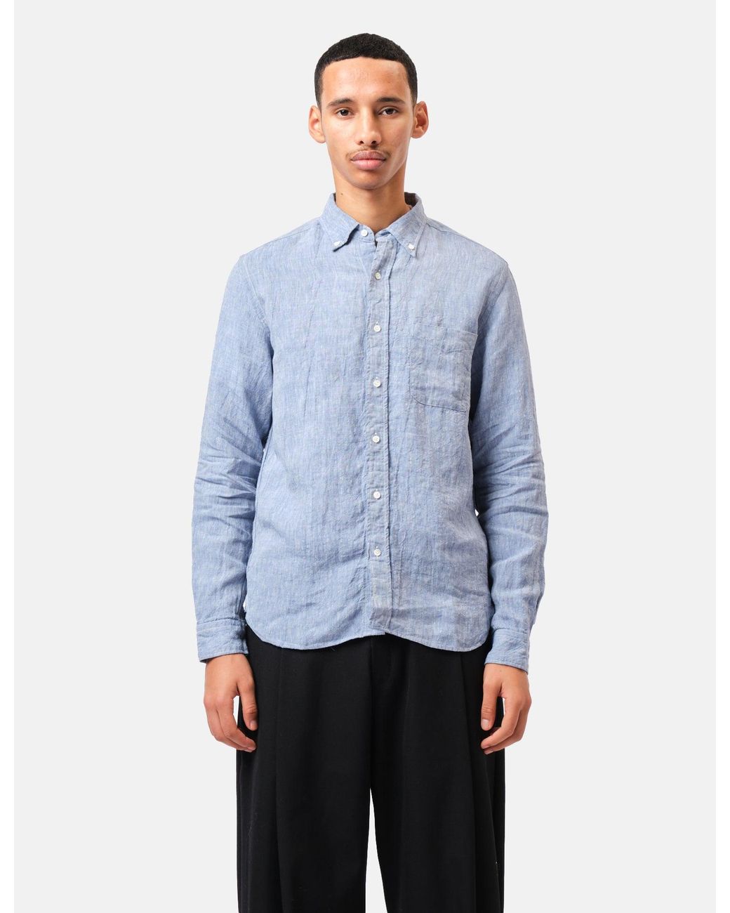 Beams Plus Blue Button Down 1/40 Linen Chambray Shirt for men