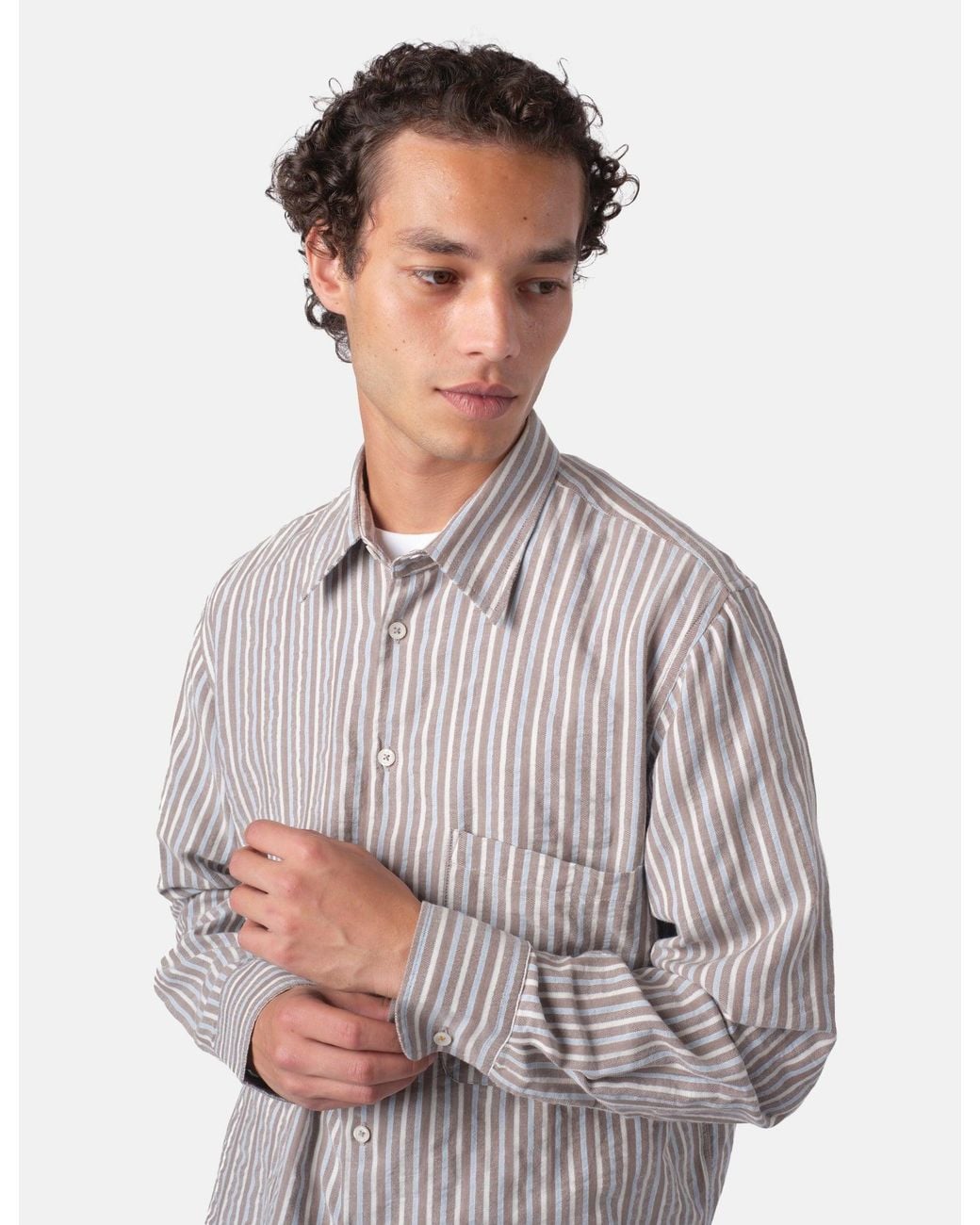 Universal Works Gray Station Shirt (Madison Stripe) for men