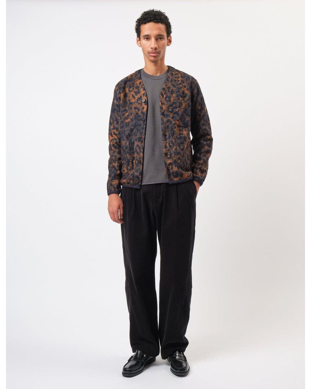 Universal Works Gray Cardigan (Night Leopard) for men