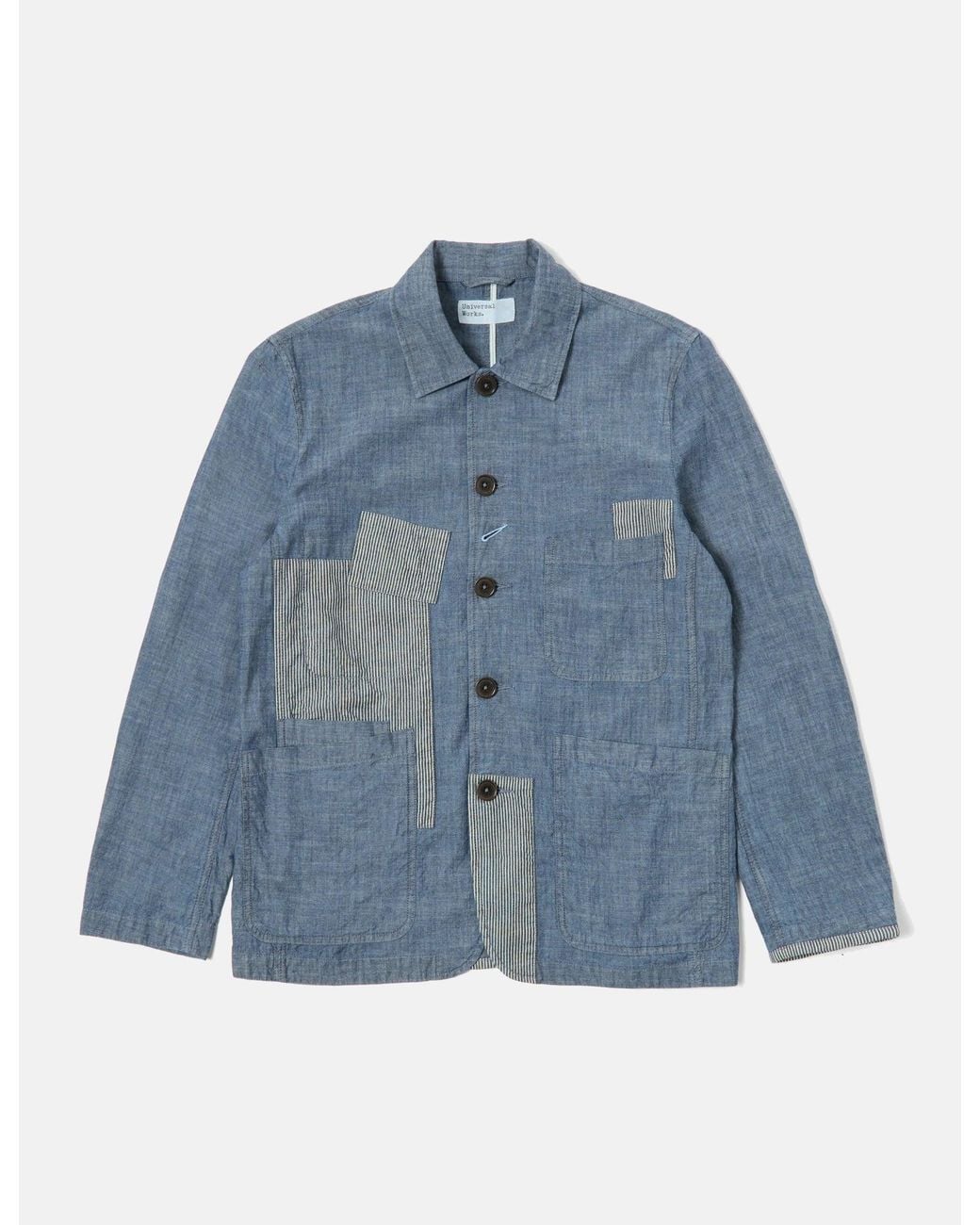 Universal Works Blue Patched Bakers Jacket (Chambray/Hickory) for men