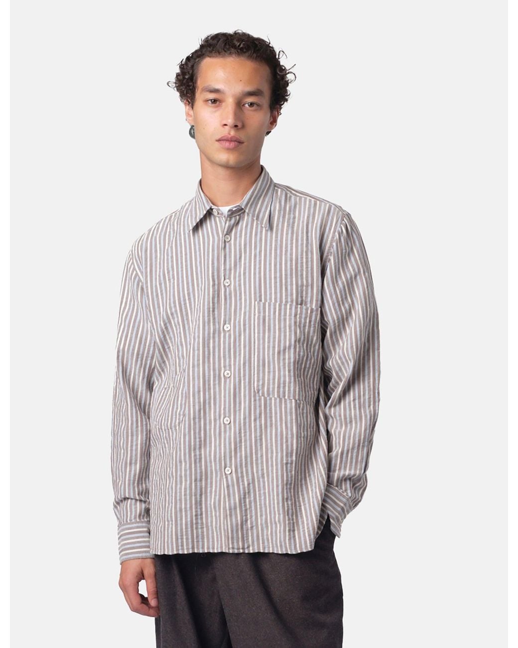 Universal Works Gray Station Shirt (Madison Stripe) for men