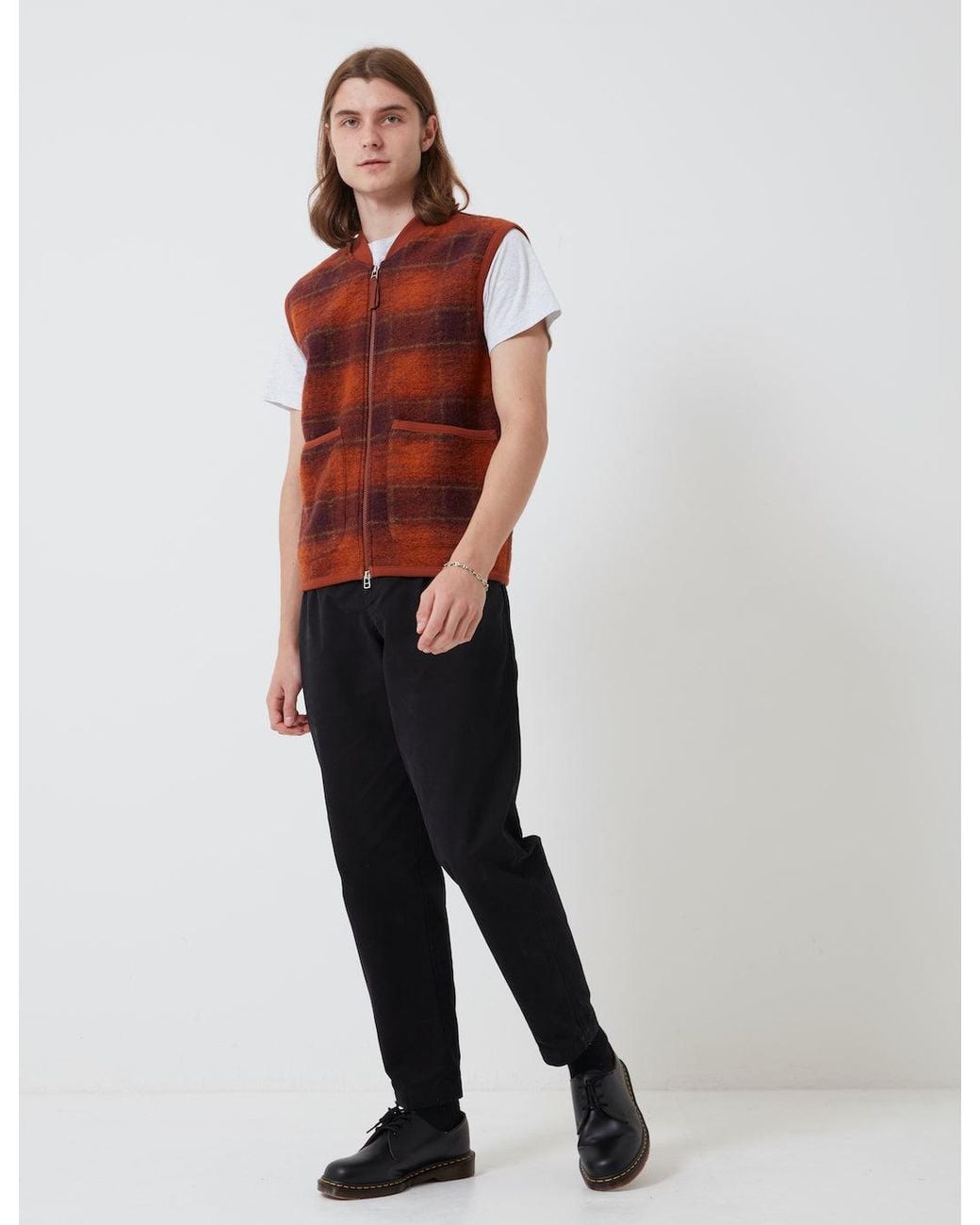 Universal Works Red Zip Waistcoat (Austin Wool Fleece) for men