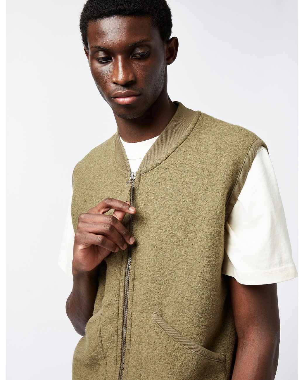 Universal Works Green Zip Waistcoat (Wool) for men