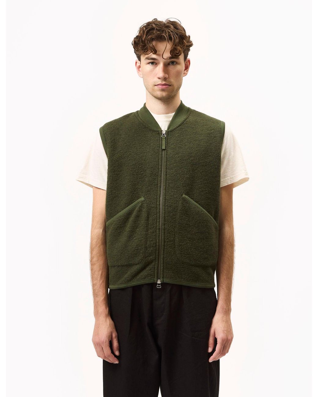 Universal Works Green Zip Waistcoat (Wool Fleece) for men
