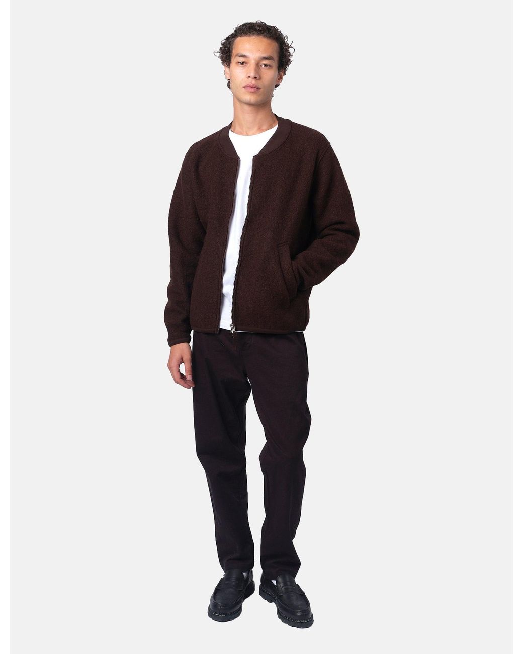 Universal Works Brown Zip Bomber Jacket (Wool Fleece) for men