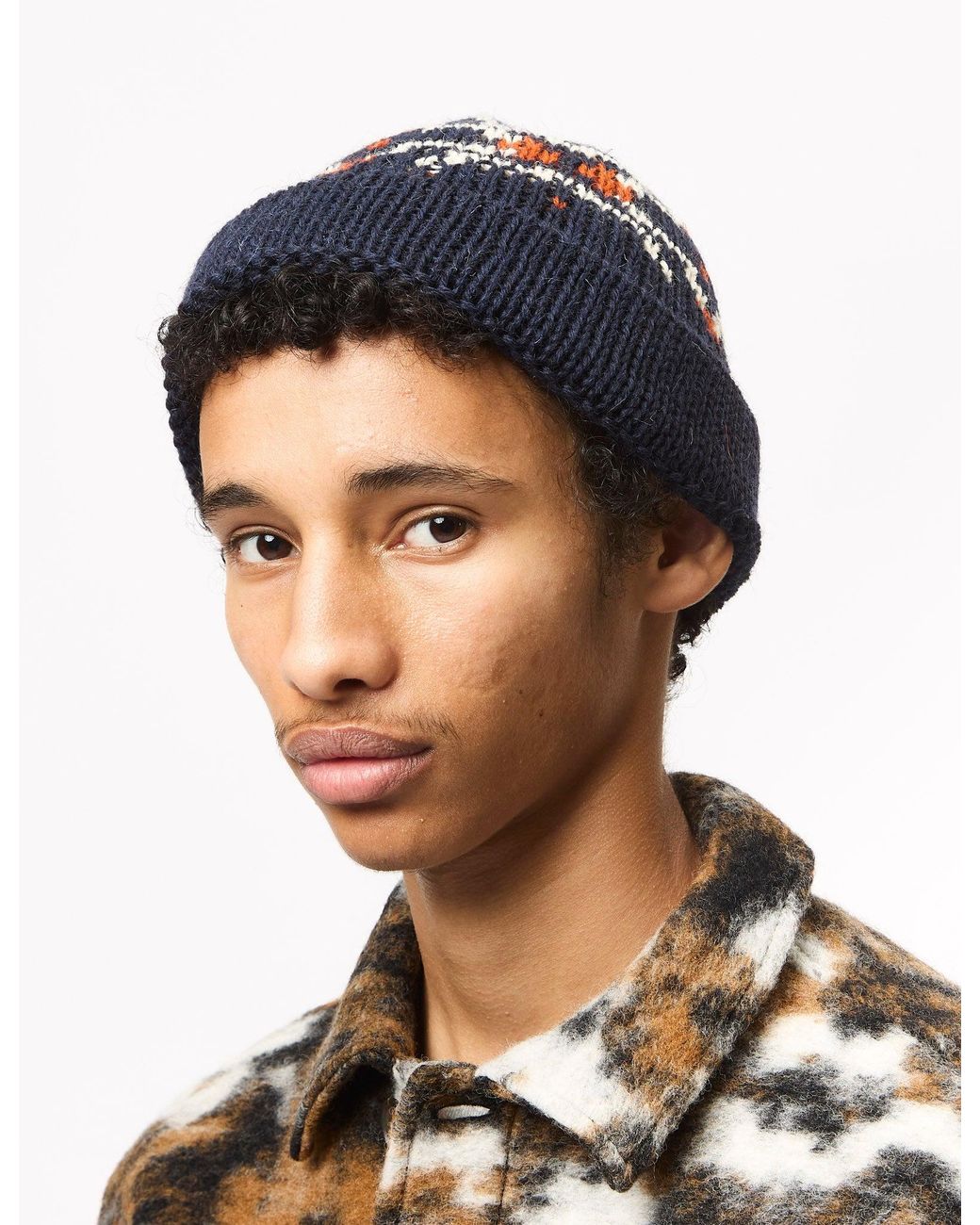 Universal Works Blue Short Watch Beanie Hat (British Wool) for men