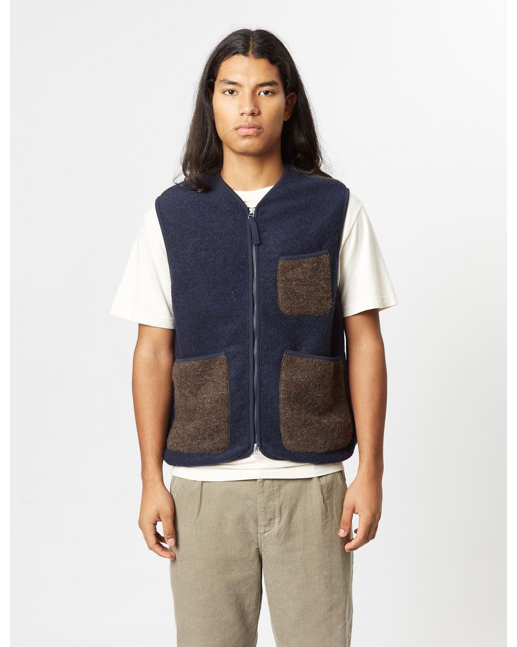Universal Works Blue Mixed Zip Gilet for men