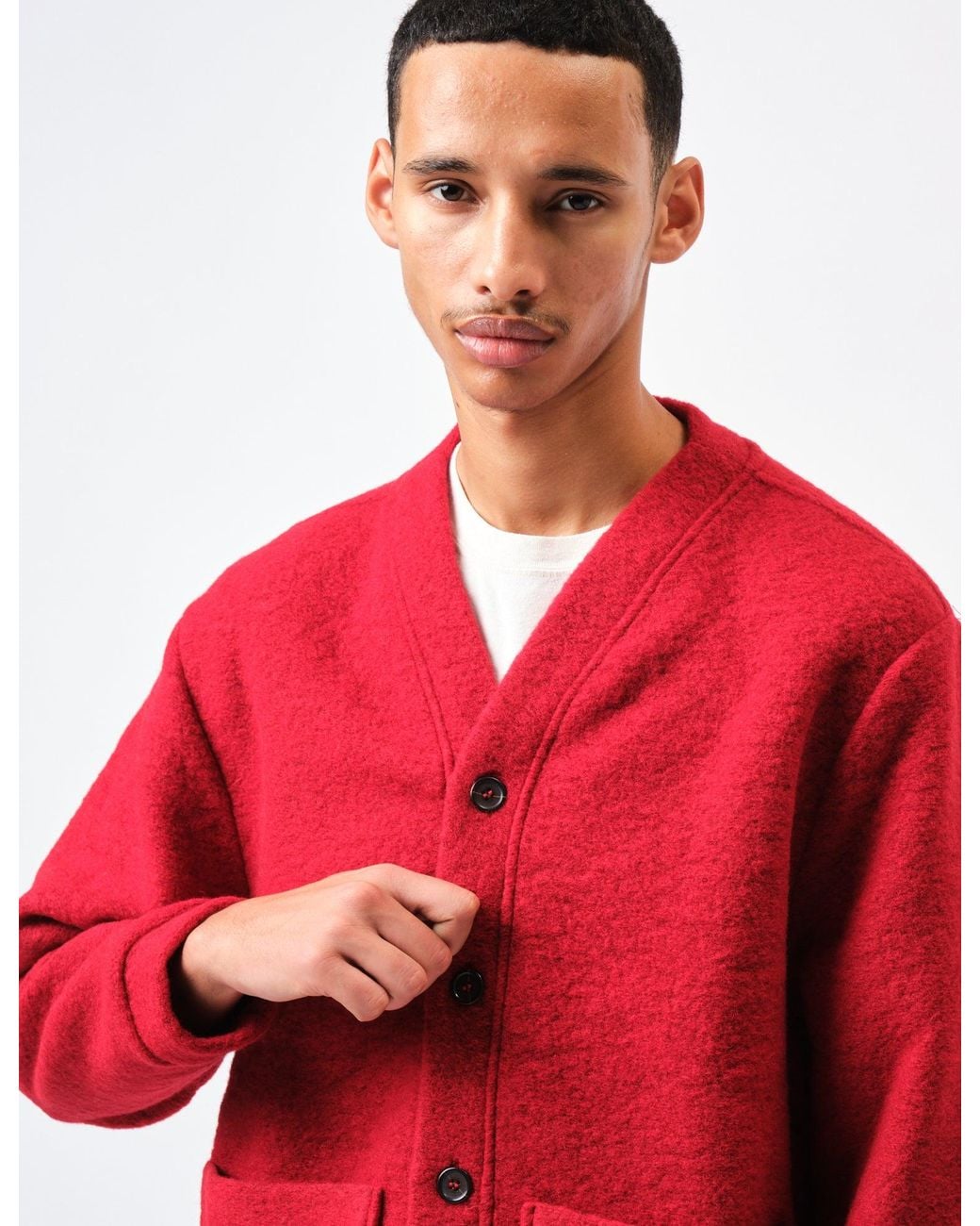 Universal Works Red Advance Cardigan (Wool Fleece) for men