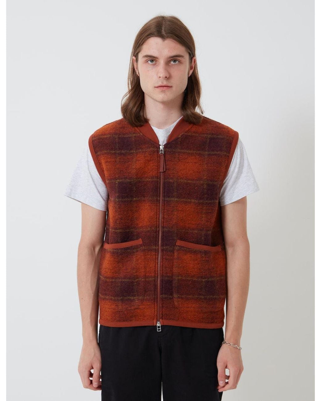 Universal Works Red Zip Waistcoat (Austin Wool Fleece) for men