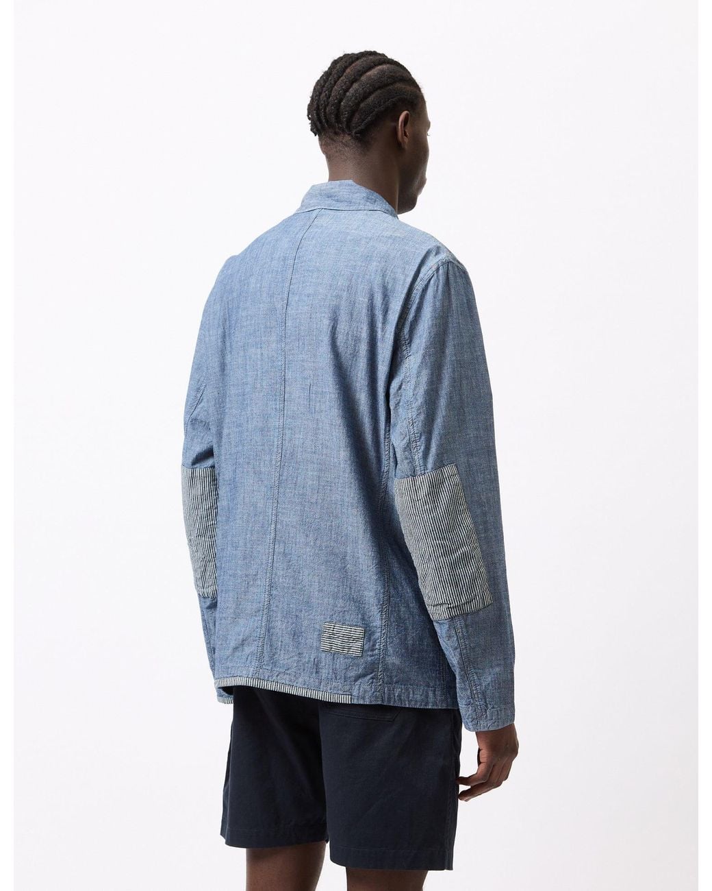 Universal Works Blue Patched Bakers Jacket (Chambray/Hickory) for men