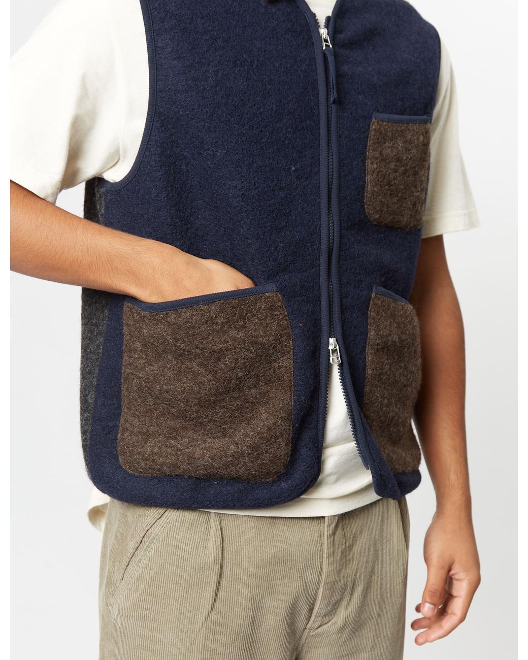 Universal Works Blue Mixed Zip Gilet for men