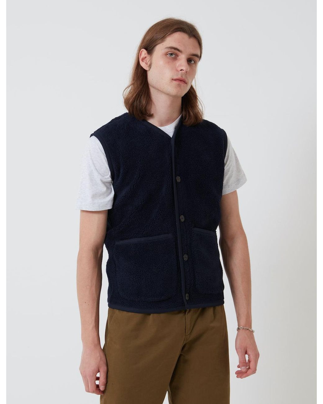 Universal Works Blue Lancaster Gilet (Mountain Fleece) for men