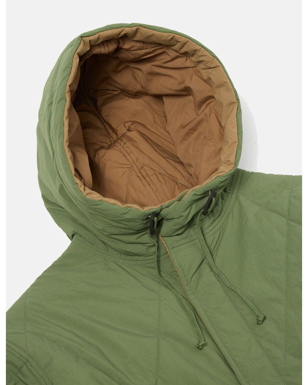 Universal Works Green Diamond Quilt Parka Jacket for men