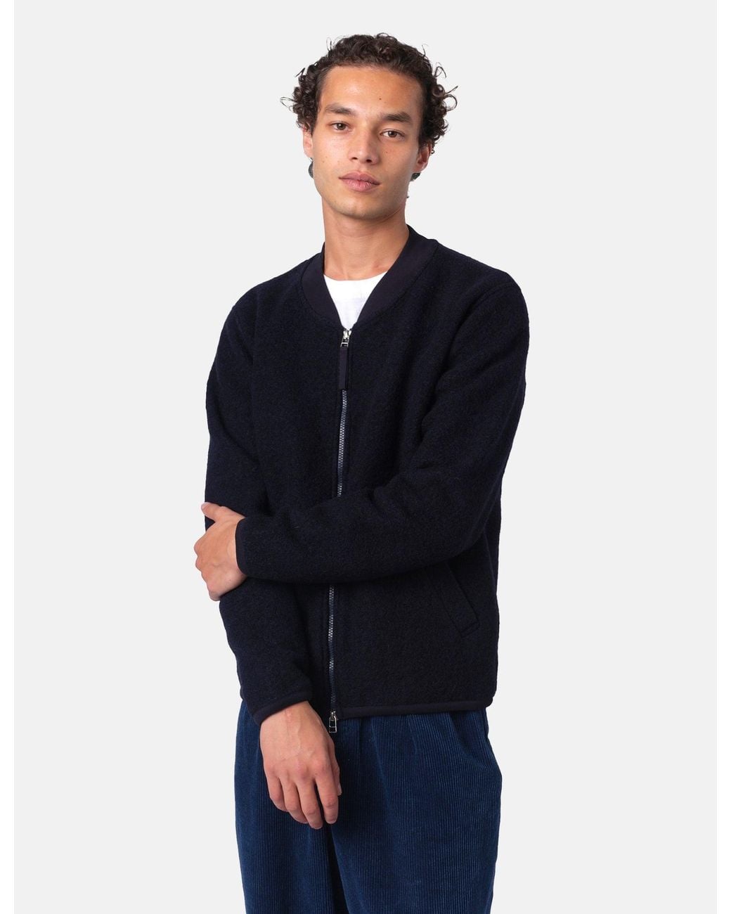 Universal Works Blue Zip Bomber Jacket (Wool Fleece) for men
