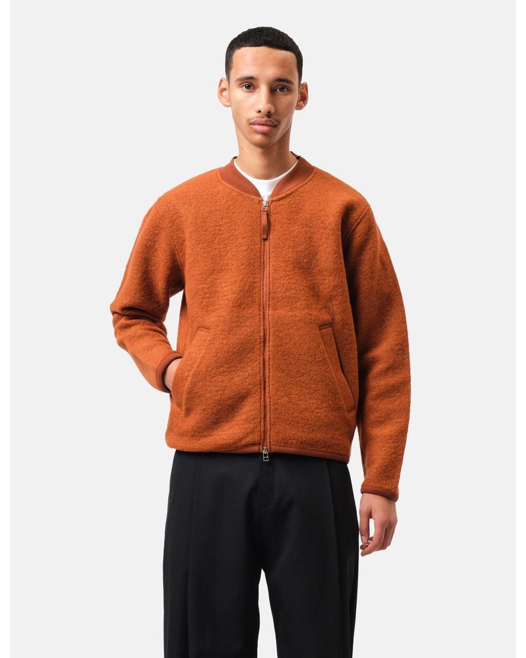 Universal Works Orange Zip Bomber Jacket (Wool Fleece) for men