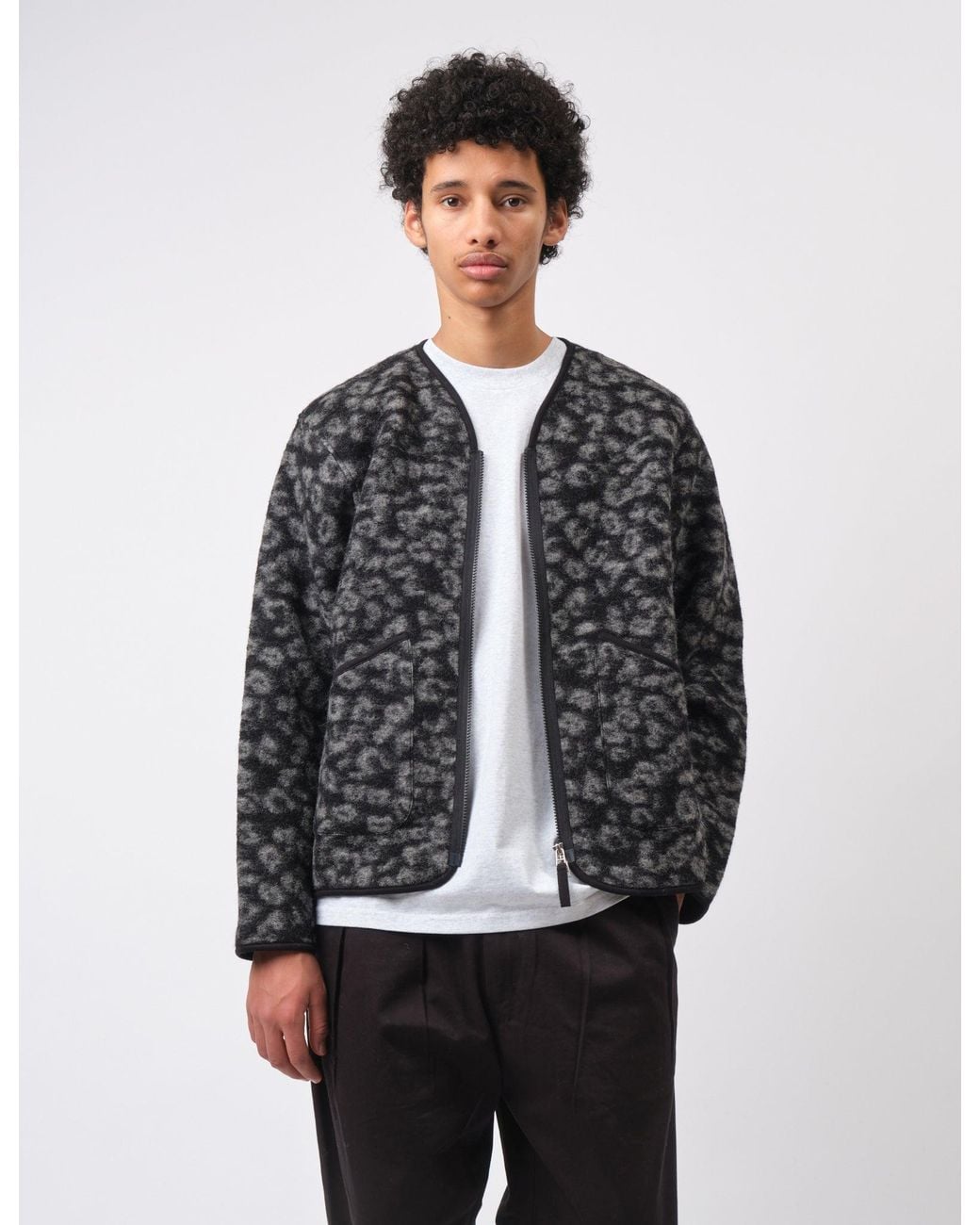 Universal Works Gray Zip Liner Fleece Jacket (Leopard) for men