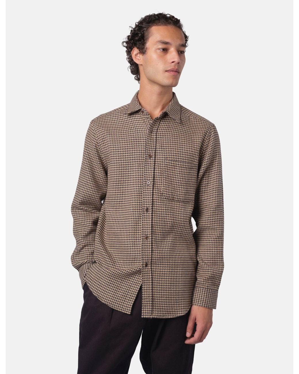 Portuguese Flannel Brown Abstract Pied Poule Shirt for men