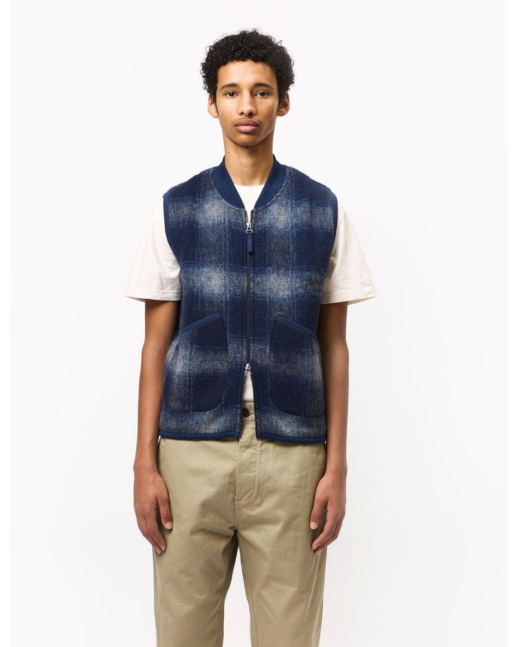 Universal Works Blue Zip Waistcoat (Fresco Fleece) for men