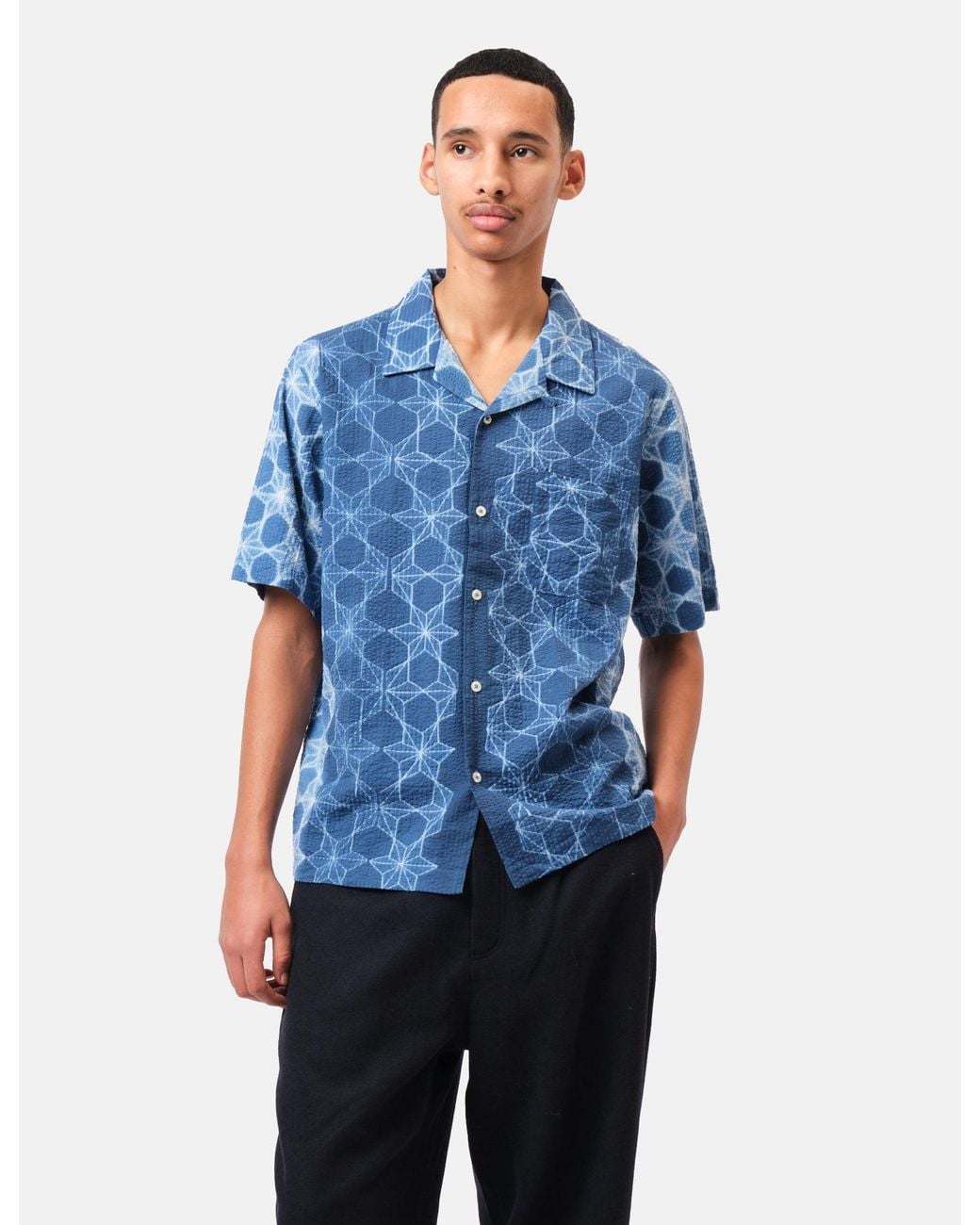 Universal Works Blue Road Shirt (Needle Tye N Dye) for men