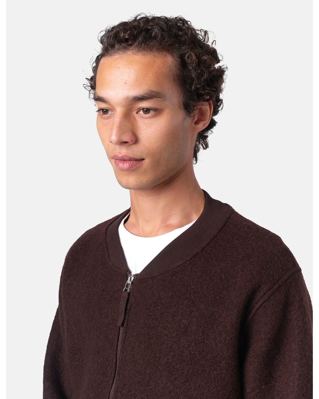 Universal Works Brown Zip Bomber Jacket (Wool Fleece) for men