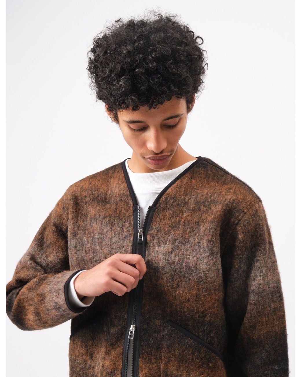 Universal Works Brown Zip Liner Fleece Jacket (Ombre) for men