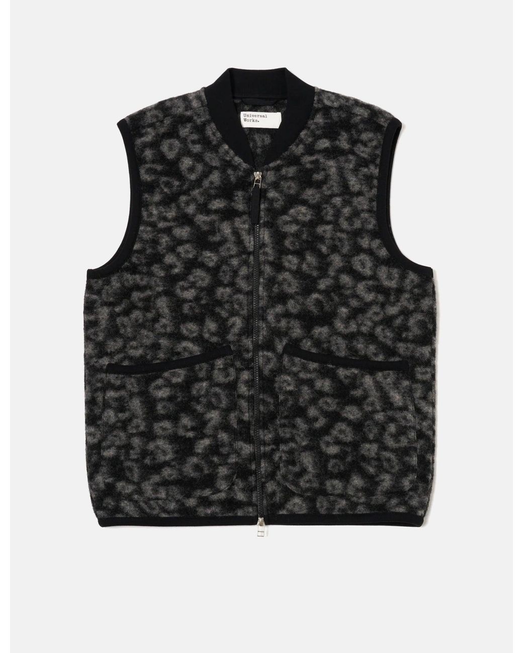 Universal Works Black Zip Fleece Waistcoat (Leopard) for men