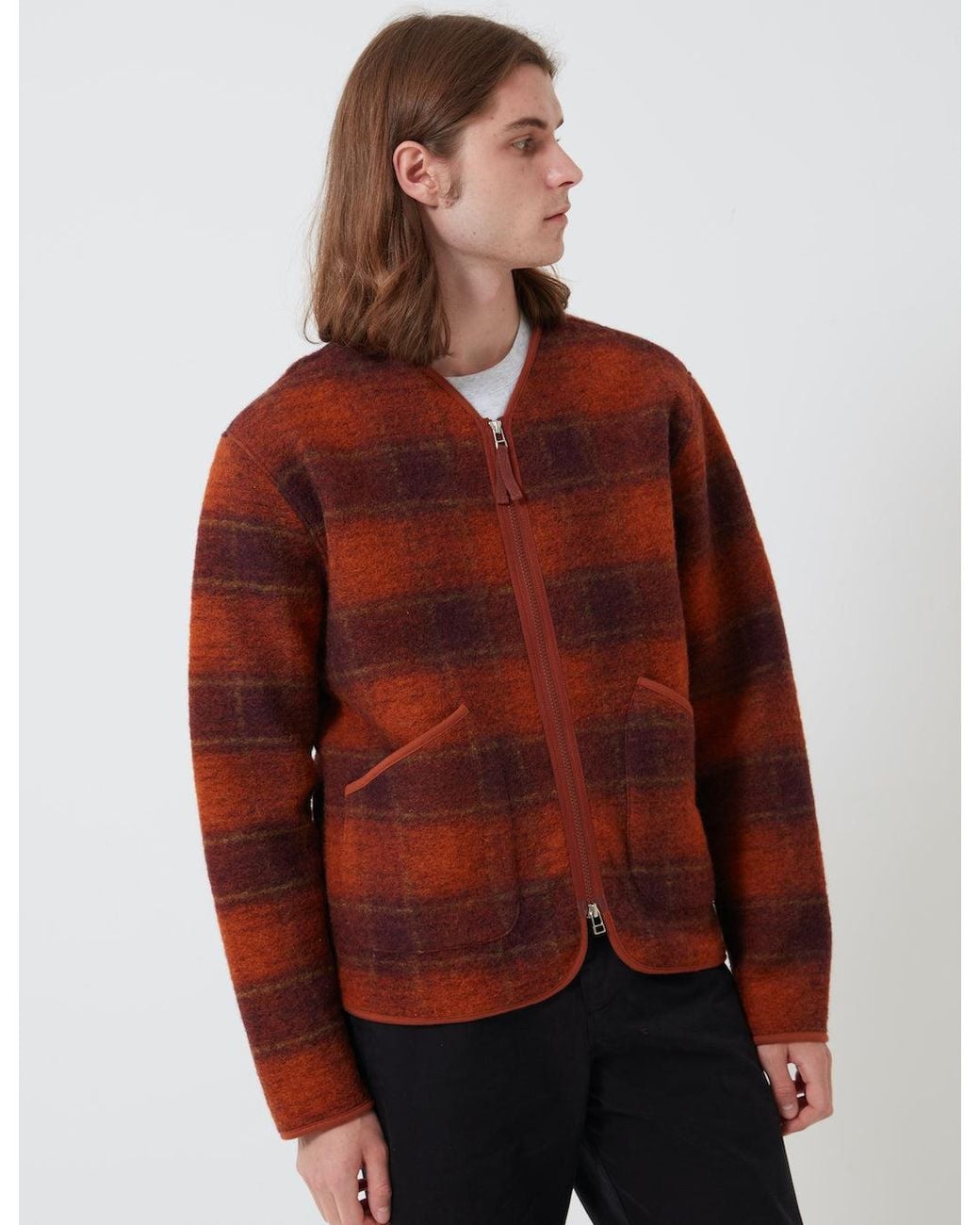 Universal Works Red Zip Liner Jacket (Austin Wool Fleece) for men