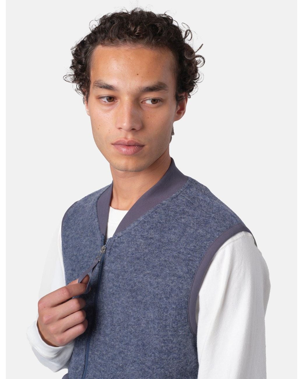Universal Works Blue Zip Waistcoat (Wool Fleece) for men