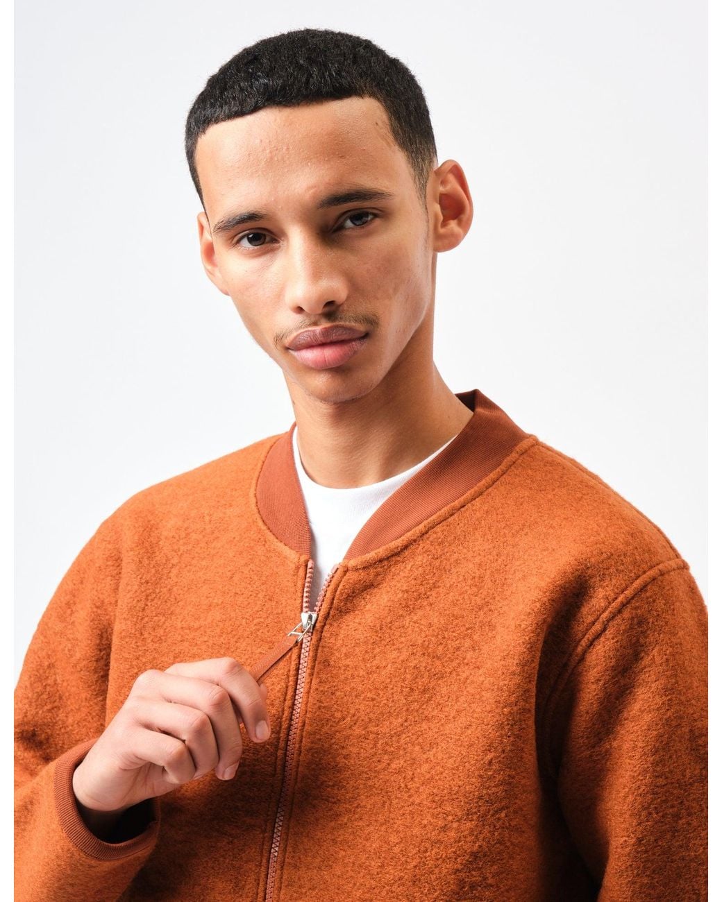 Universal Works Orange Zip Bomber Jacket (Wool Fleece) for men