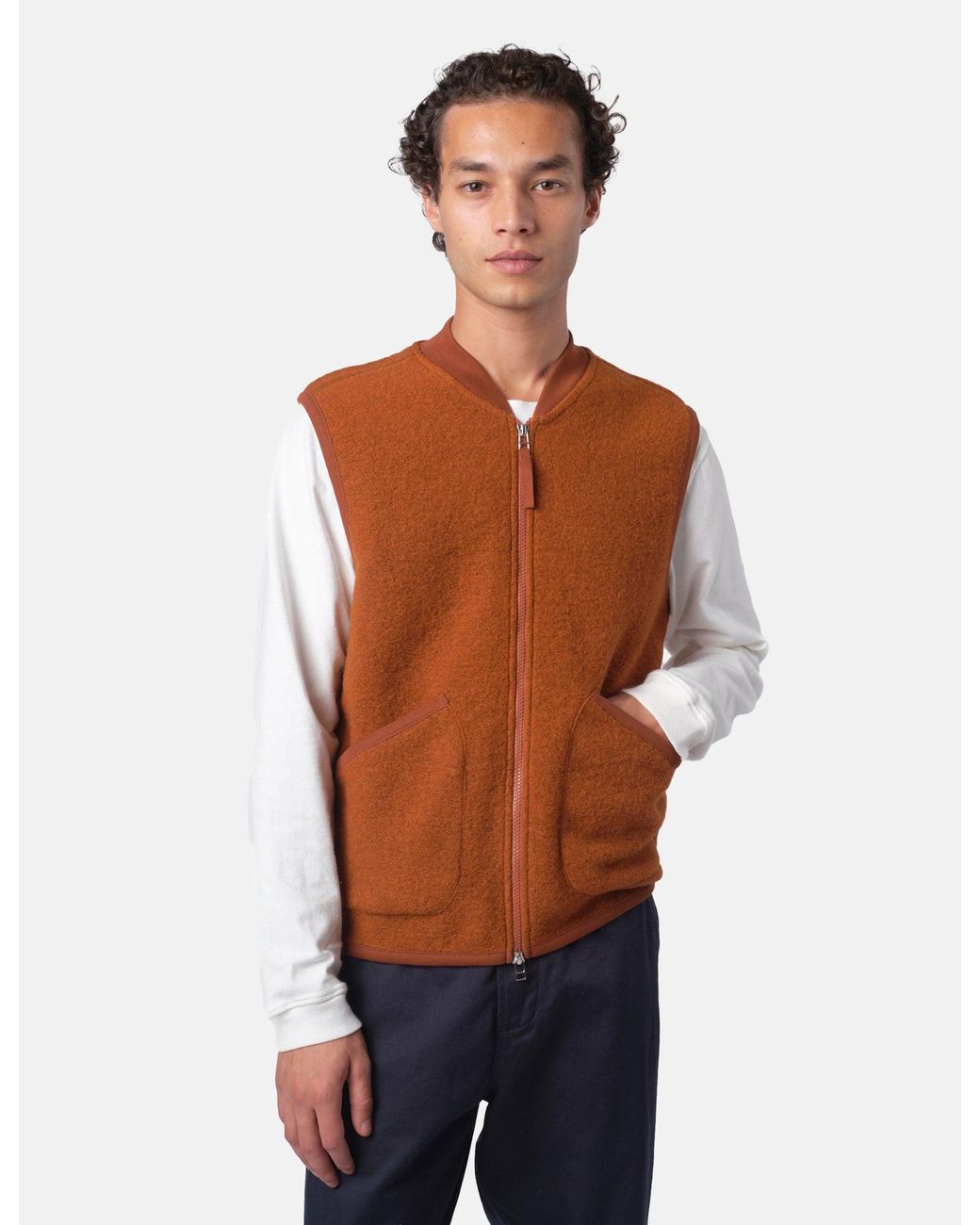 Universal Works Blue Zip Waistcoat (Wool Fleece) for men