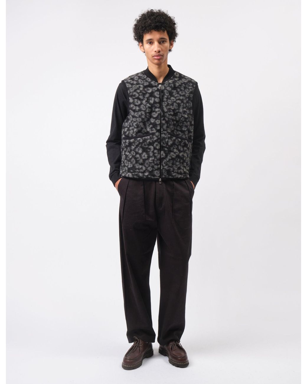Universal Works Black Zip Fleece Waistcoat (Leopard) for men
