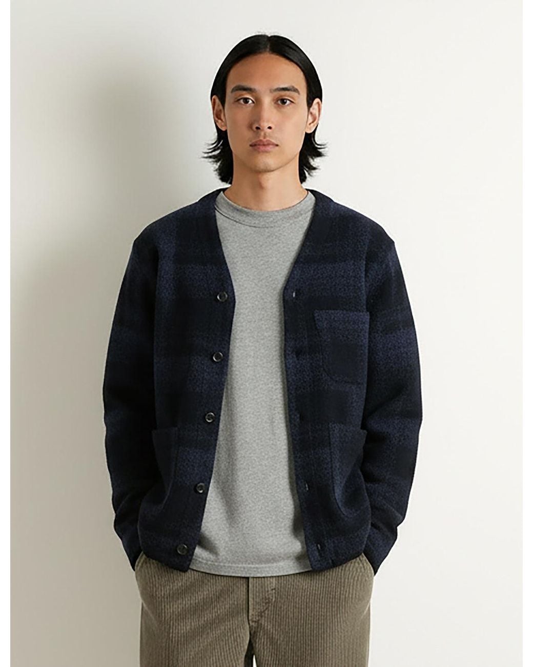 Universal Works Blue Mohair Check Cardigan for men