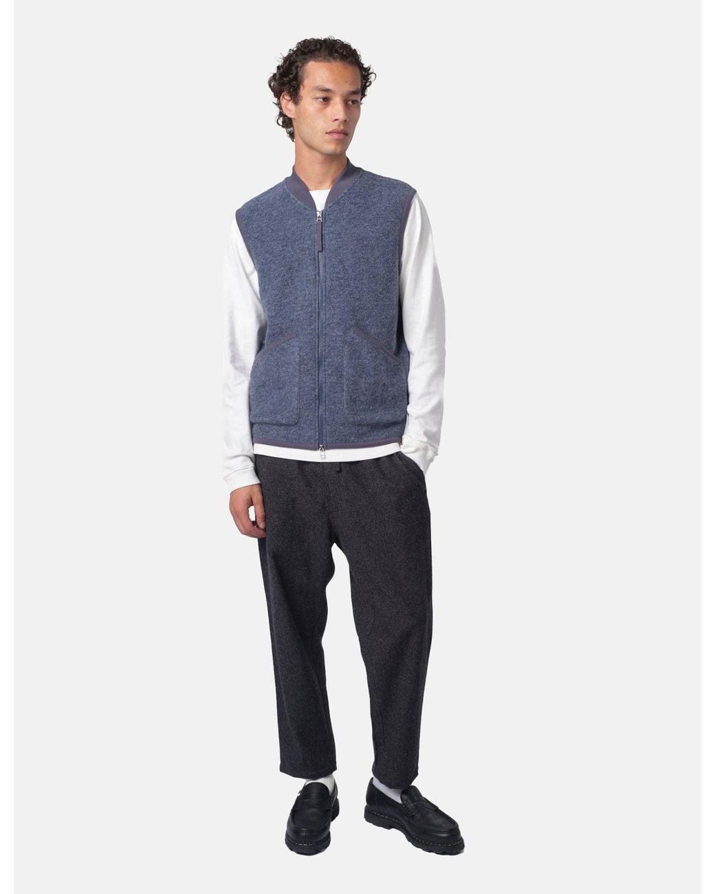 Universal Works Blue Zip Waistcoat (Wool Fleece) for men