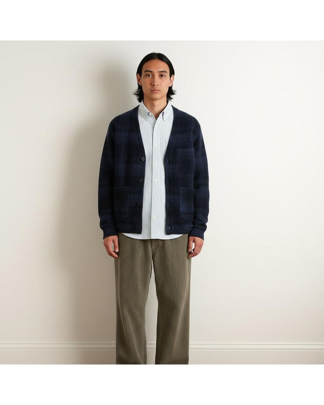 Universal Works Blue Mohair Check Cardigan for men