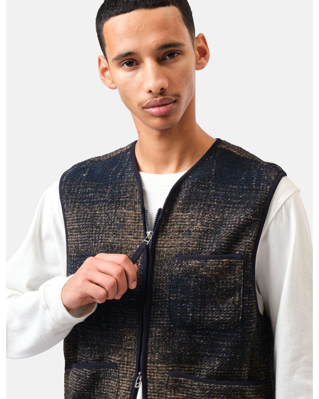 Universal Works Blue Zip Gilet (Deca Check) for men