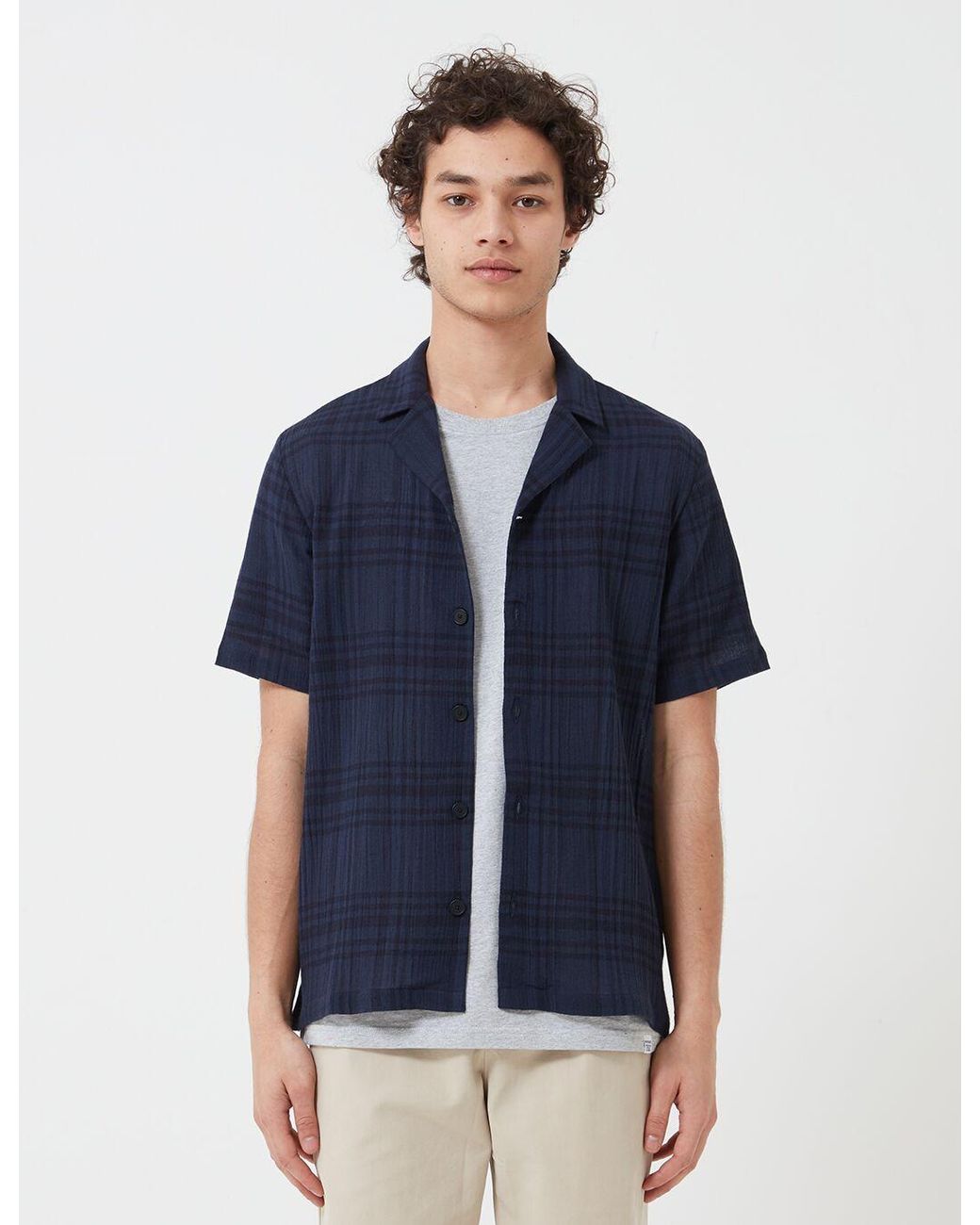 Folk Blue Folk Soft Collar Shirt (Overdyed Crepe Check) for men