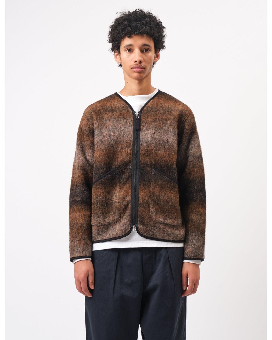 Universal Works Brown Zip Liner Fleece Jacket (Ombre) for men
