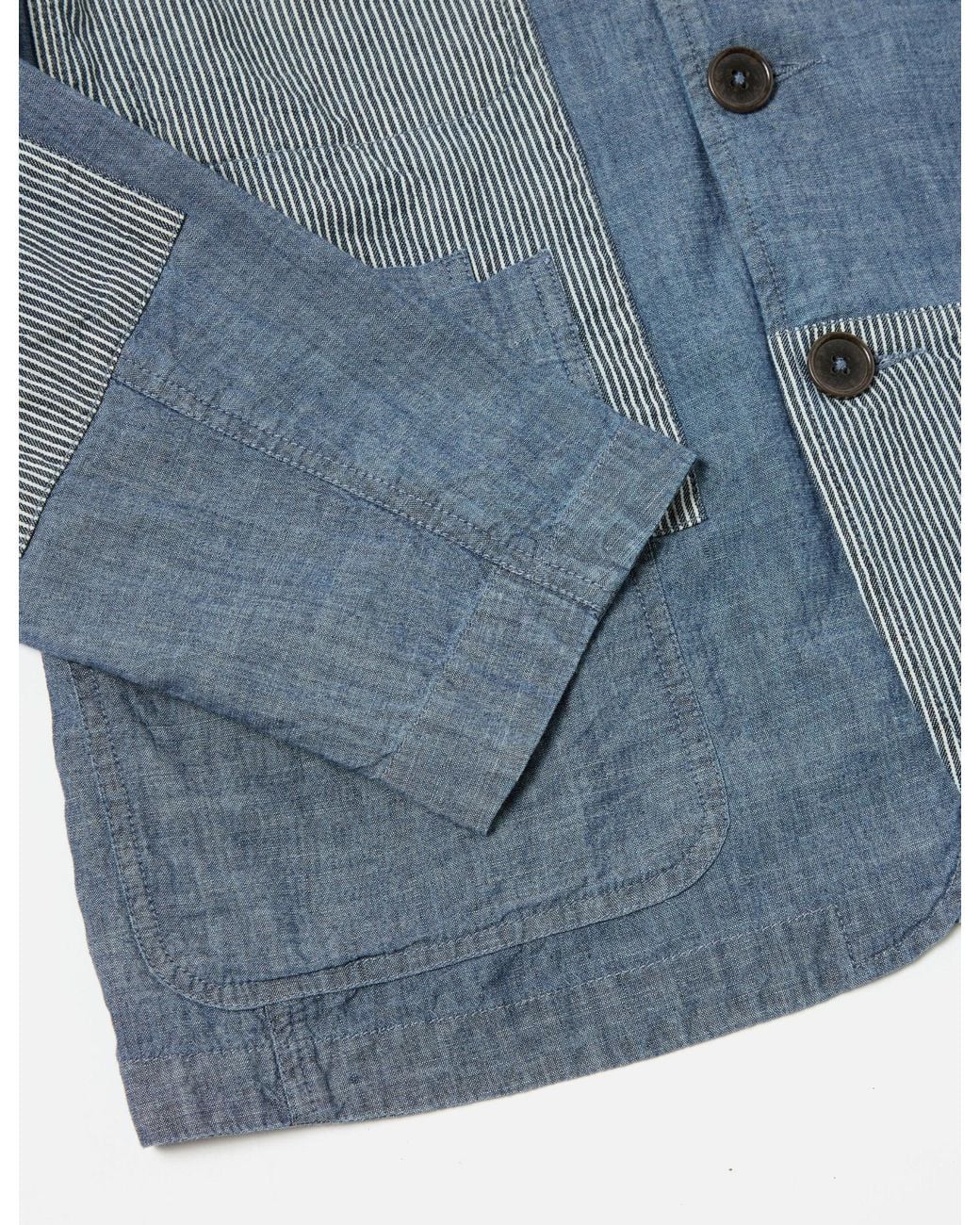 Universal Works Blue Patched Bakers Jacket (Chambray/Hickory) for men
