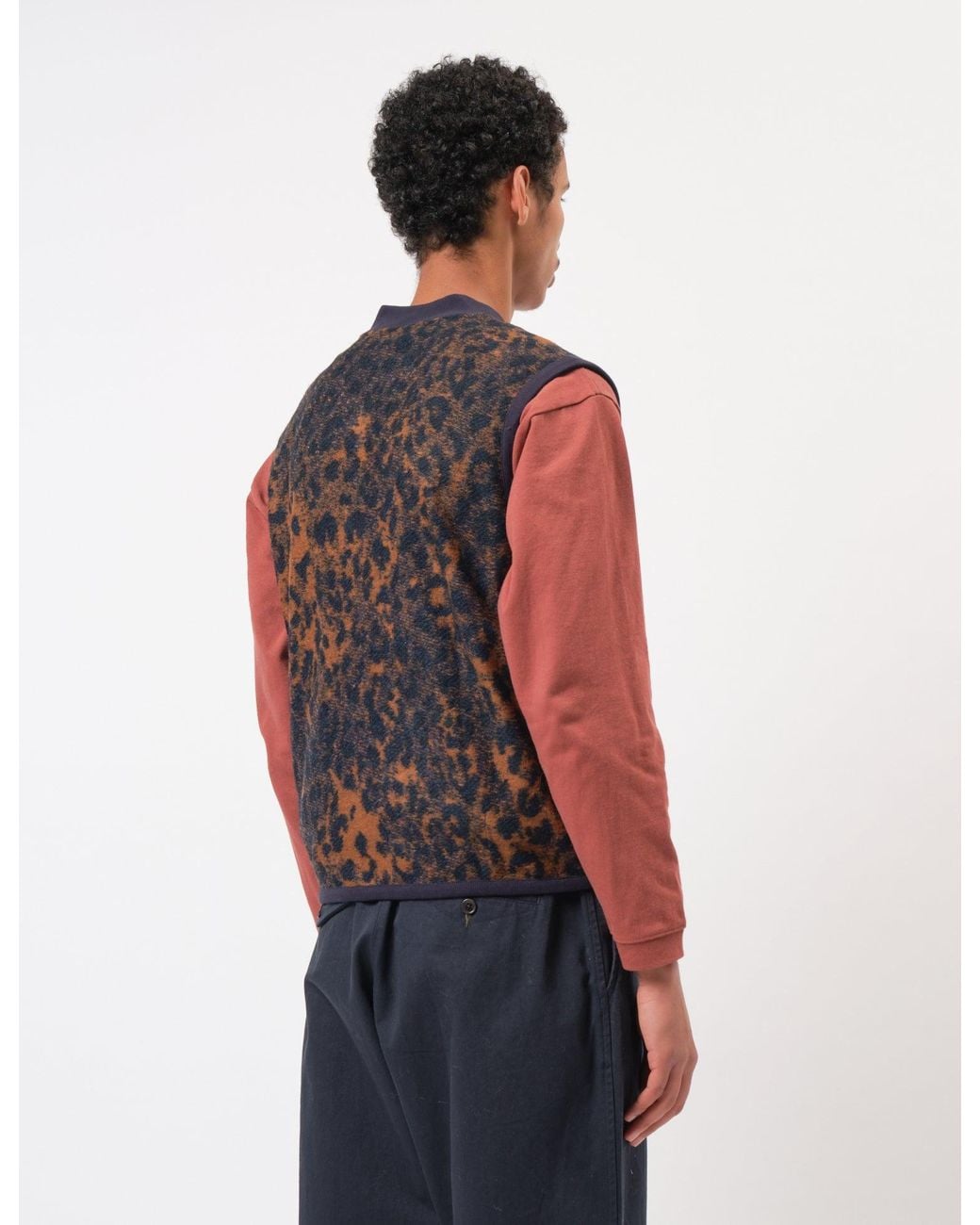 Universal Works Red Zip Waistcoat (Night Leopard) for men