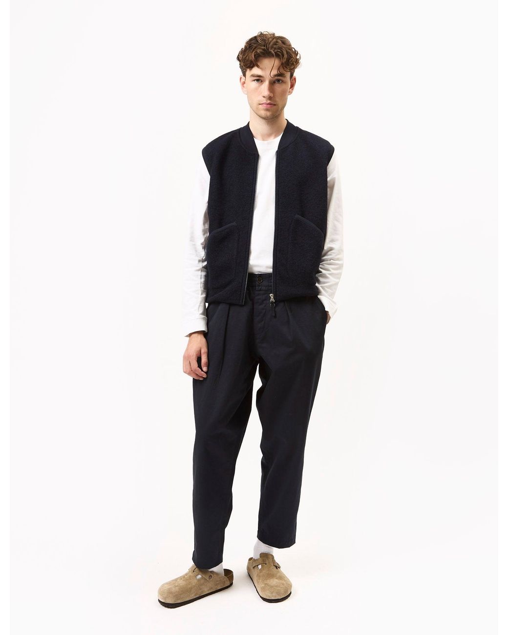 Universal Works Blue Zip Waistcoat (Wool Fleece) for men