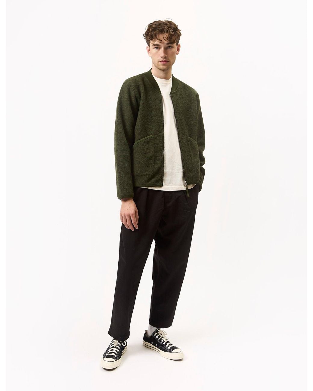 Universal Works Green Zip Bomber (Wool Fleece) for men