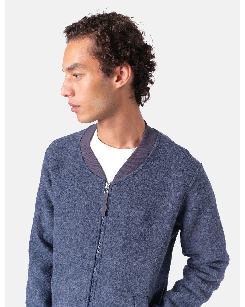 Universal Works Blue Zip Bomber Jacket (Wool Fleece) for men