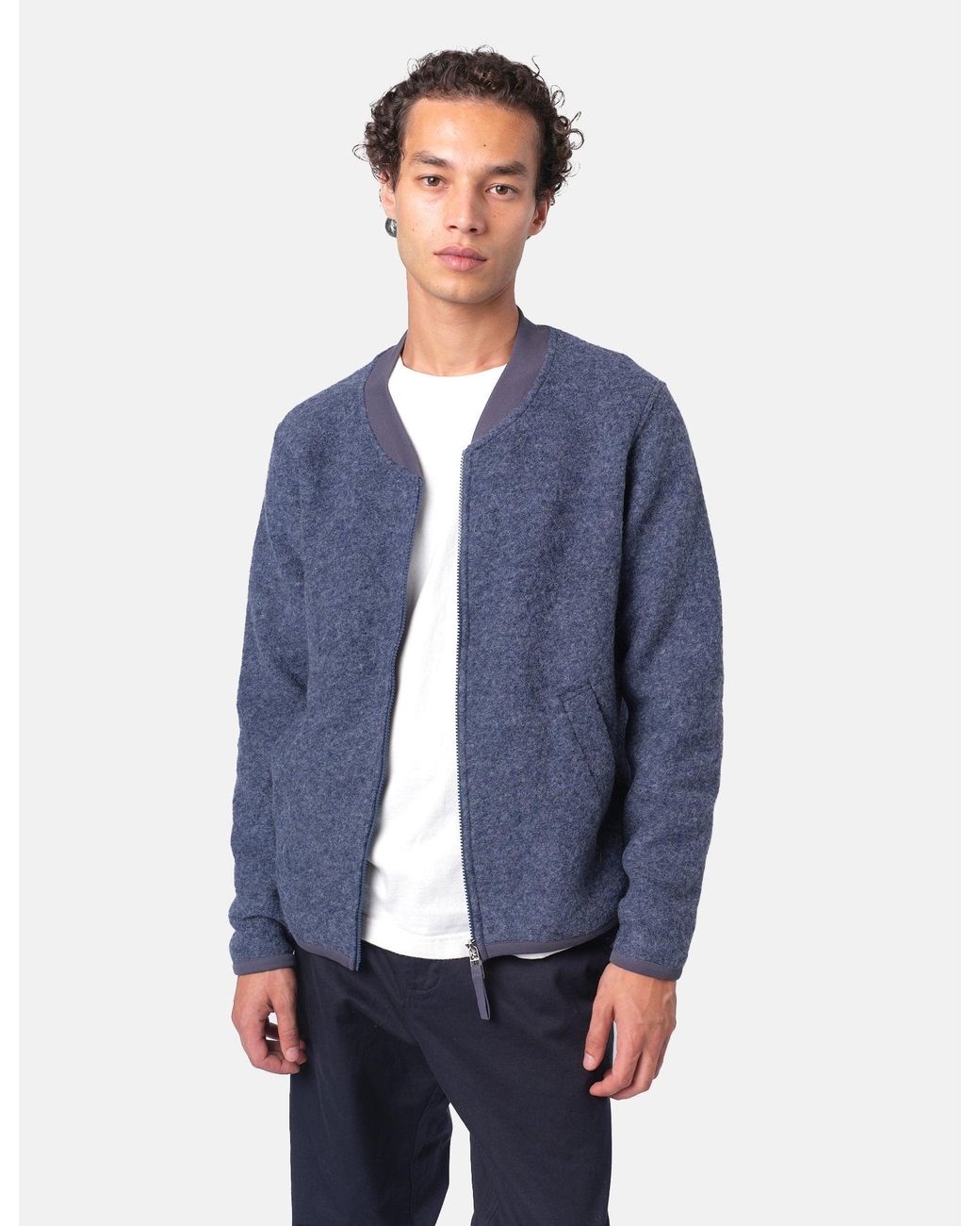 Universal Works Blue Zip Bomber Jacket (Wool Fleece) for men