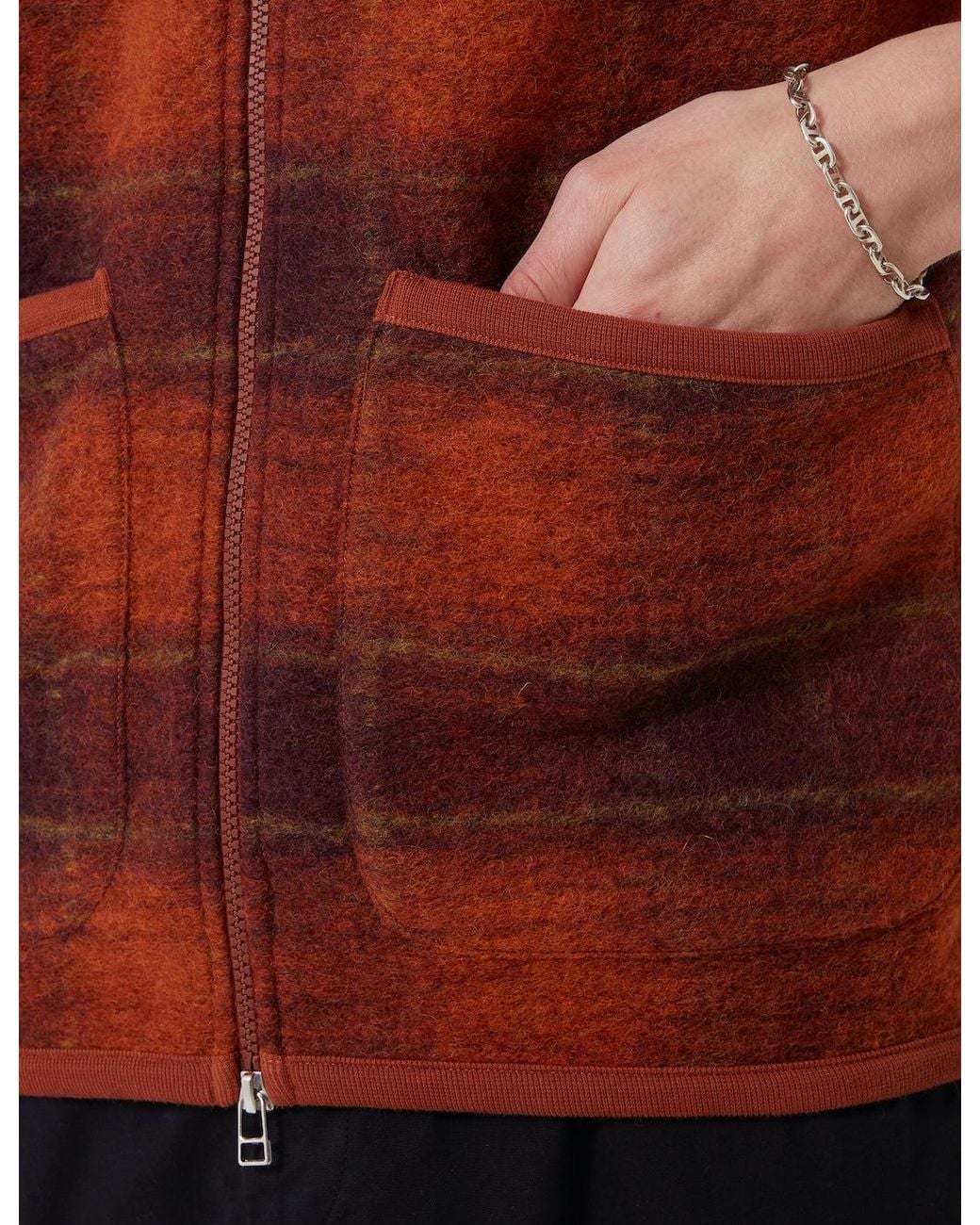 Universal Works Red Zip Waistcoat (Austin Wool Fleece) for men