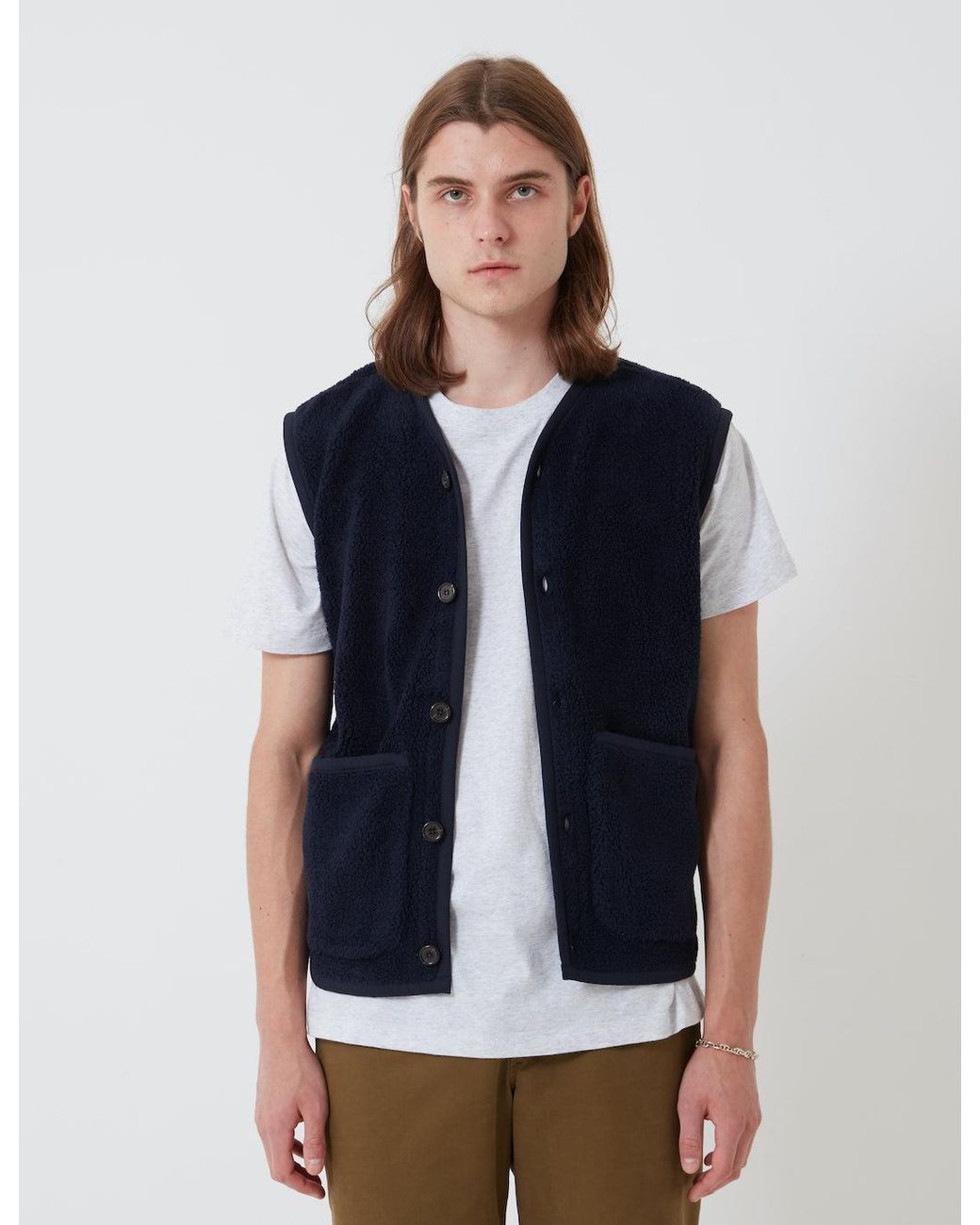 Universal Works Blue Lancaster Gilet (Mountain Fleece) for men